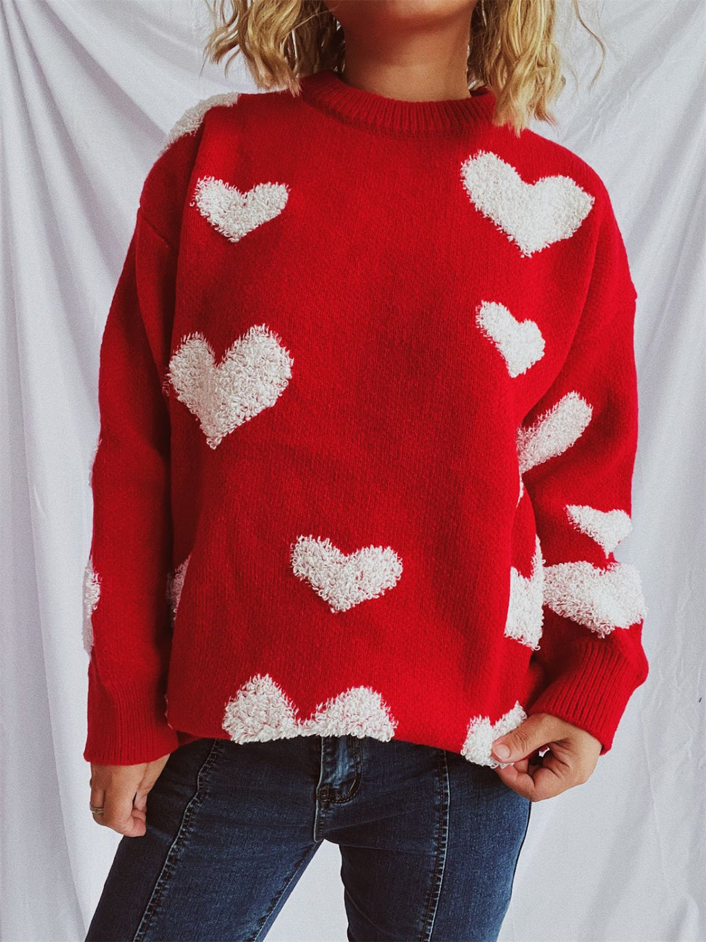 Heart Round Neck Dropped Shoulder Sweater - Deep Red / One Size