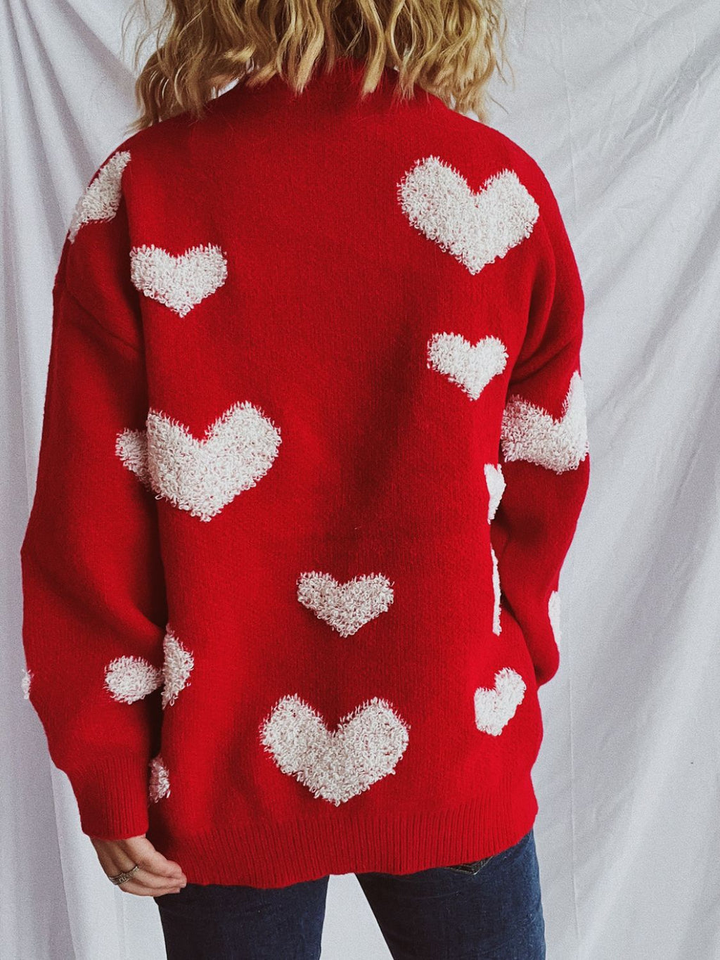 Heart Round Neck Dropped Shoulder Sweater - Deep Red / One Size