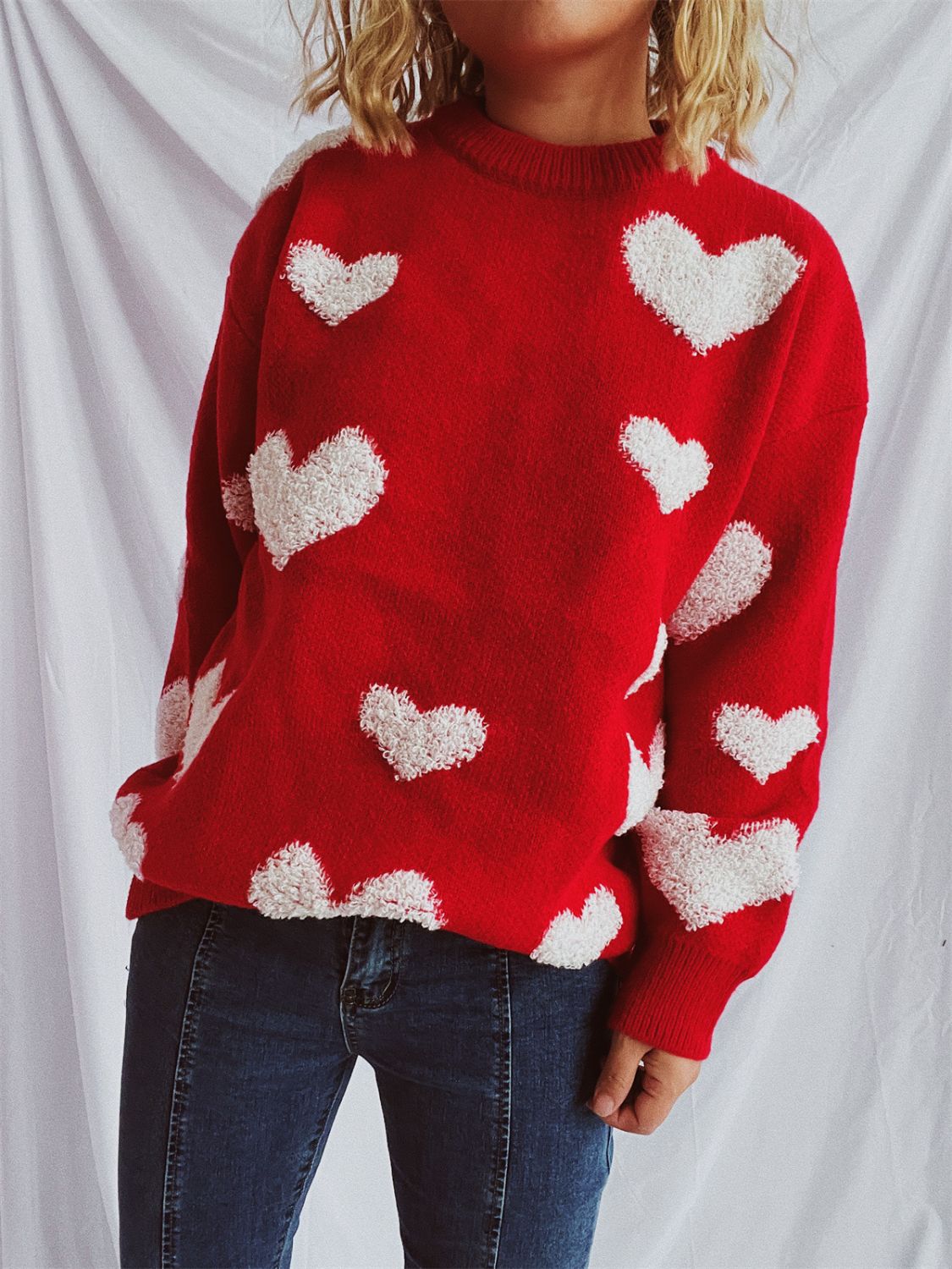 Heart Round Neck Dropped Shoulder Sweater - Deep Red / One Size