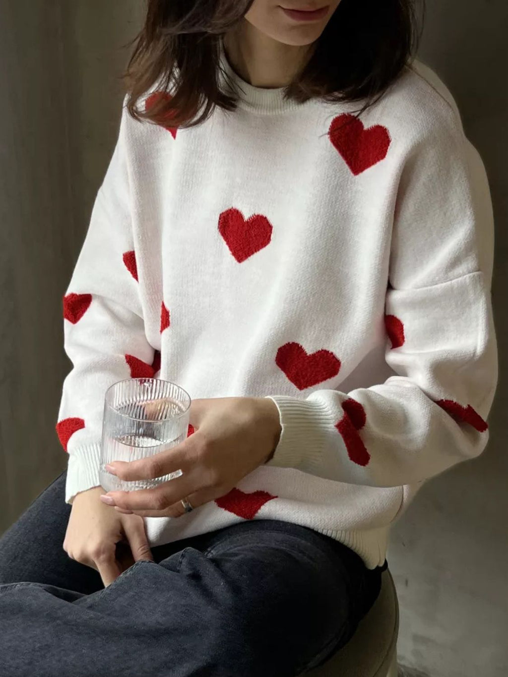 Heart Round Neck Dropped Shoulder Sweater - White / One Size