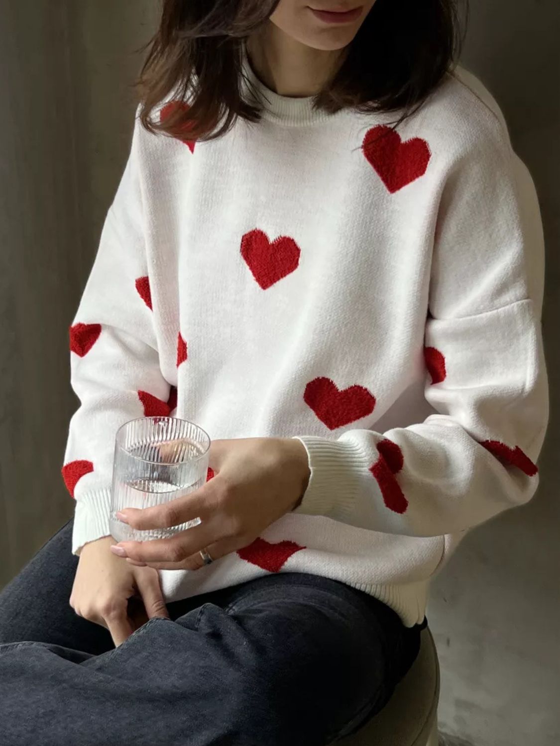 Heart Round Neck Dropped Shoulder Sweater - White / One Size