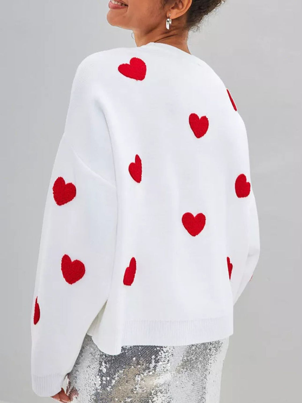 Heart Round Neck Dropped Shoulder Sweater - White / One Size