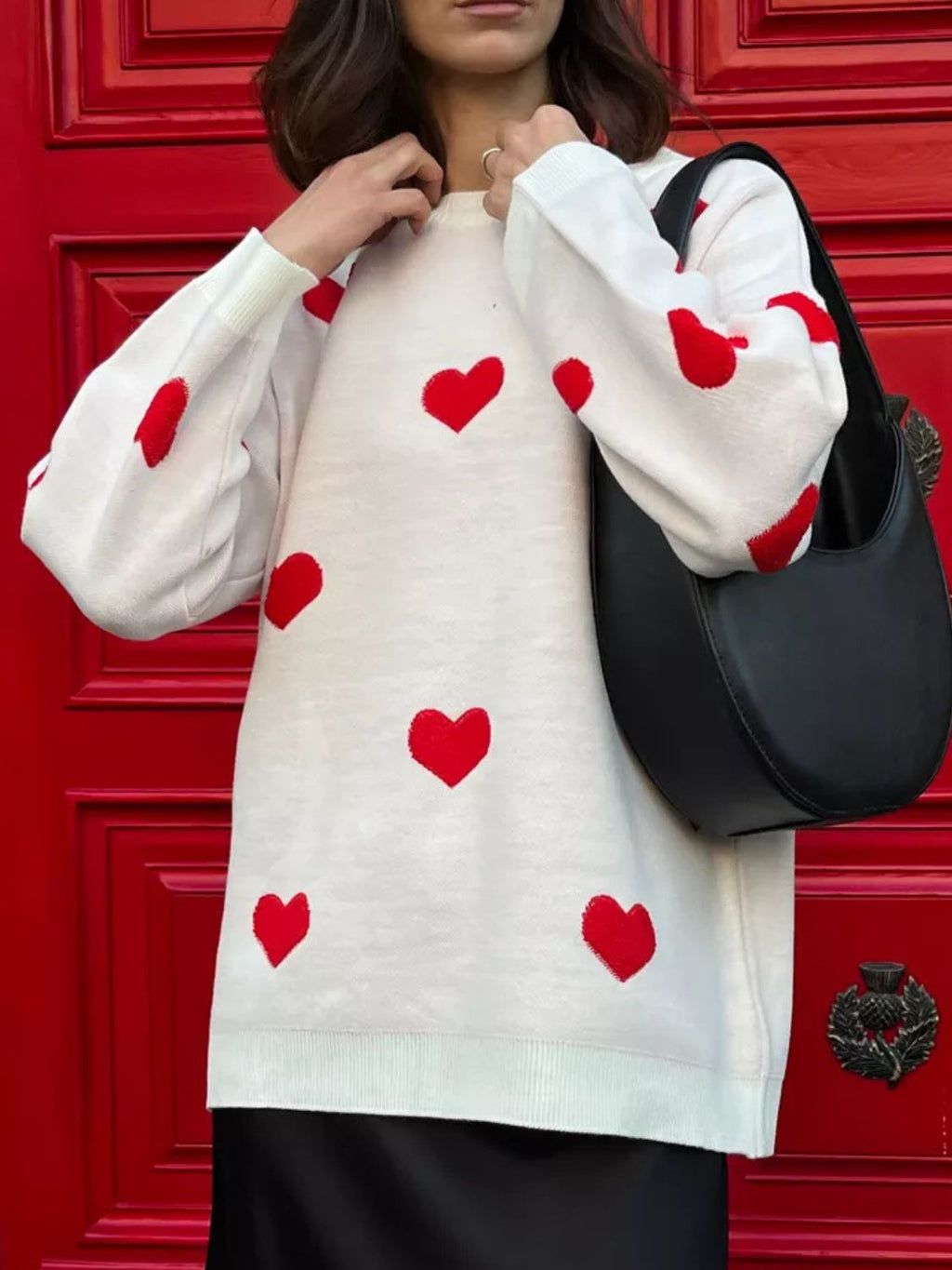 Heart Round Neck Dropped Shoulder Sweater - White / One Size