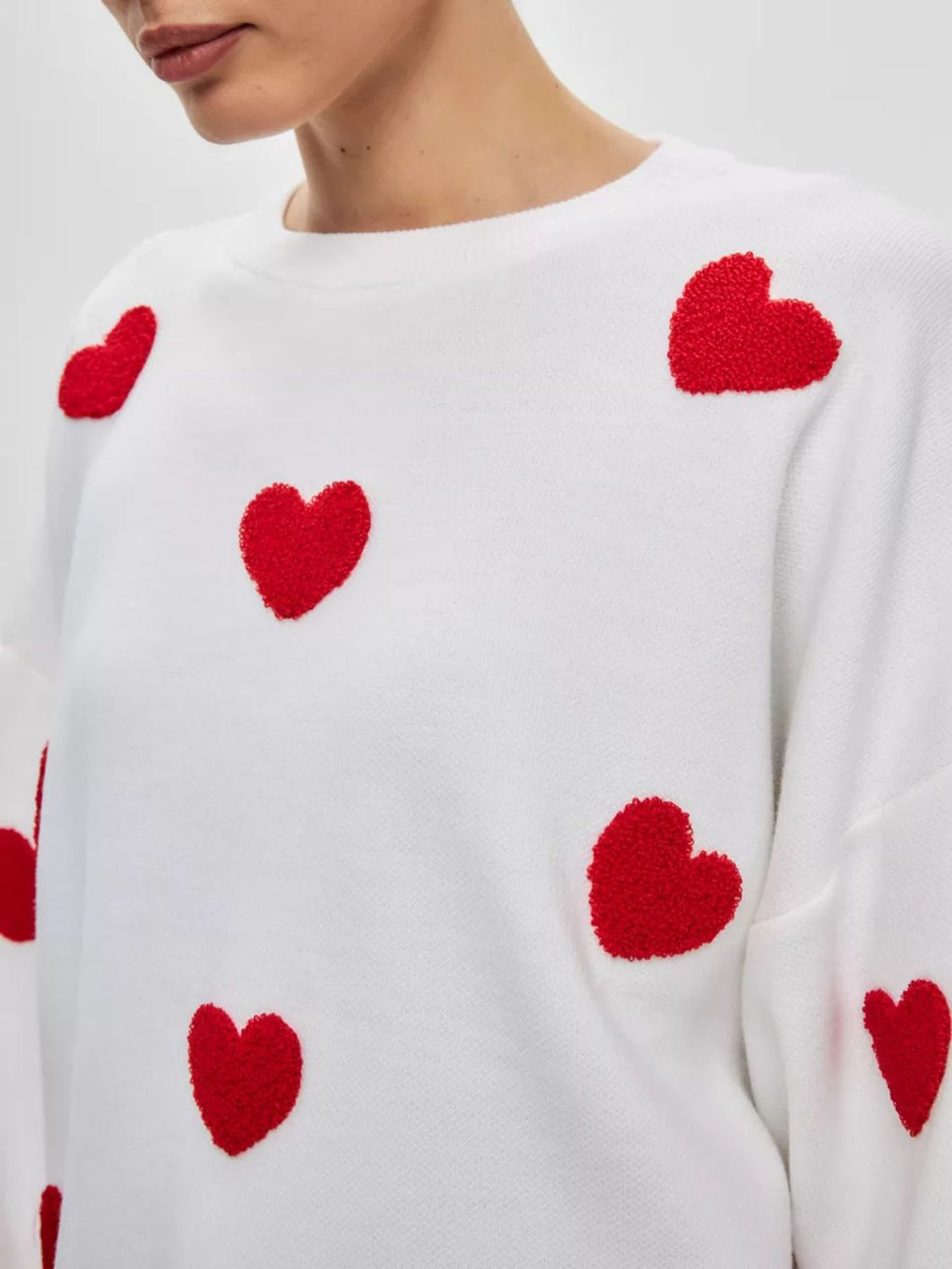 Heart Round Neck Dropped Shoulder Sweater - White / One Size