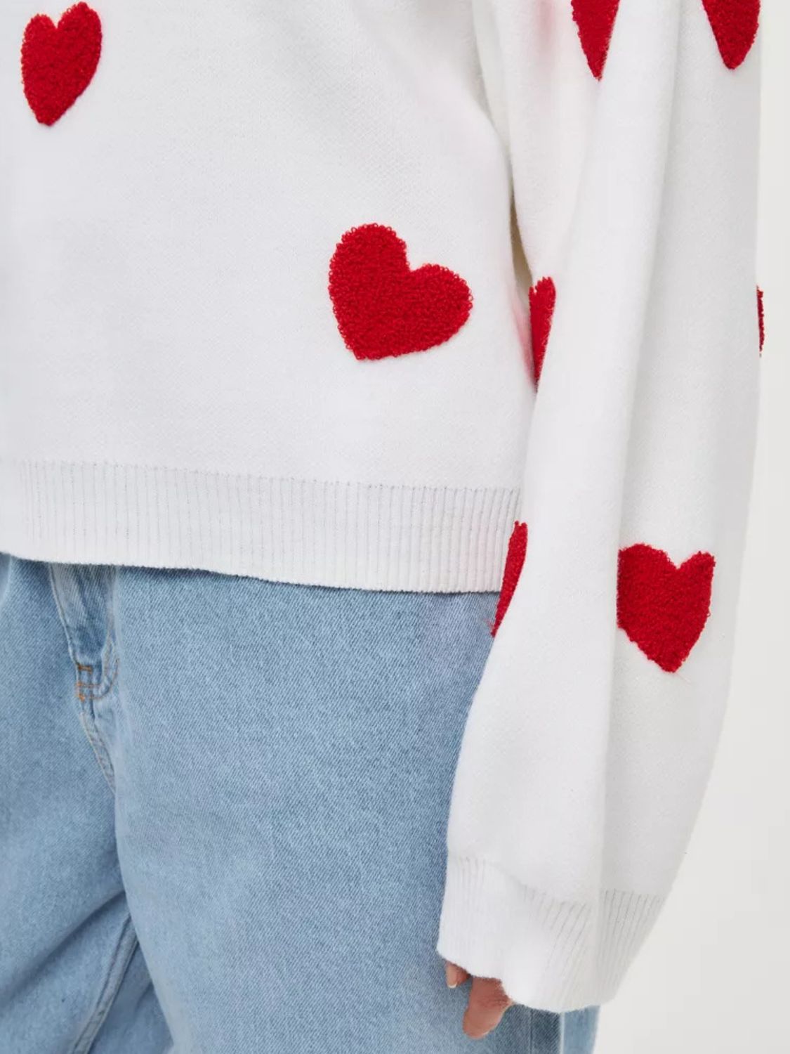 Heart Round Neck Dropped Shoulder Sweater - White / One Size