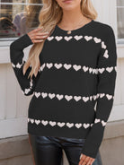 Heart Round Neck Long Sleeve Sweater - Black / S