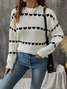 Heart Round Neck Long Sleeve Sweater - Cream / S