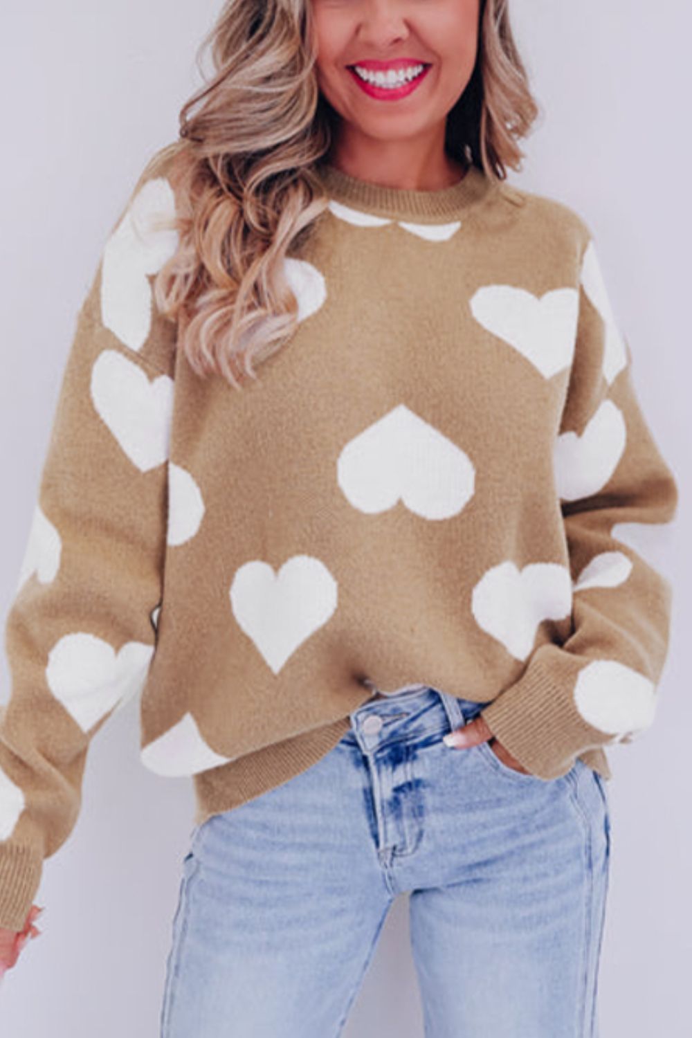 Heart Round Neck Long Sleeve Sweater - Khaki / S