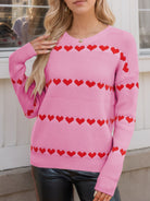 Heart Round Neck Long Sleeve Sweater - Pink / S