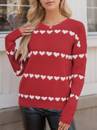 Heart Round Neck Long Sleeve Sweater - Scarlet / S