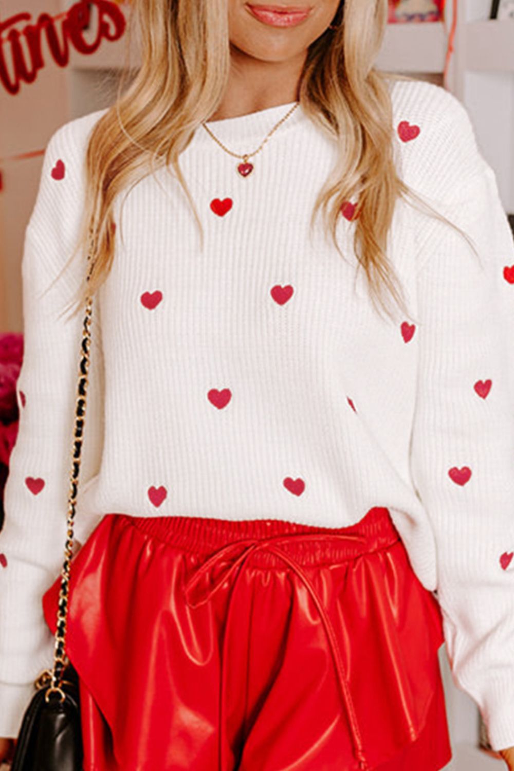 Heart Round Neck Long Sleeve Sweater - White / S