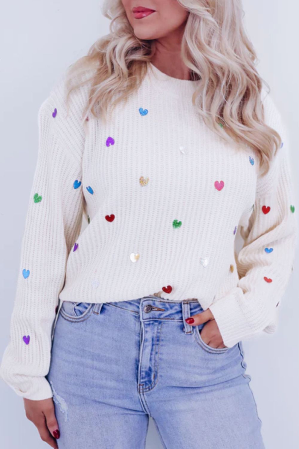Heart Sequin Round Neck Long Sleeve Sweater - White / S