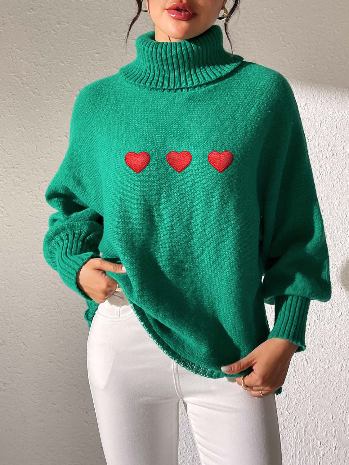 Heart Turtleneck Long Sleeve Sweater - Dark Green / S