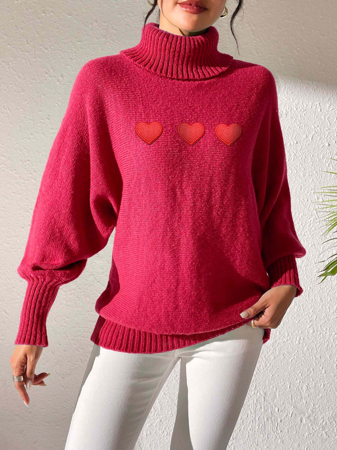 Heart Turtleneck Long Sleeve Sweater - Deep Red / S