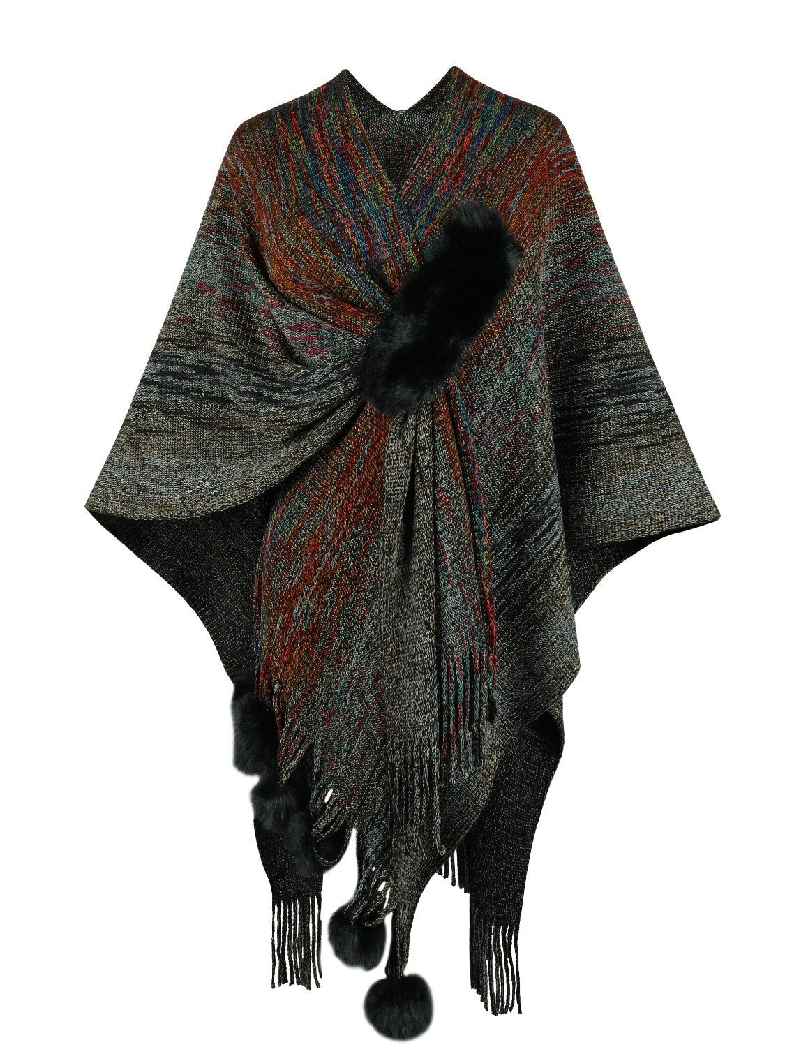 Heathered Fringe Hem Poncho - Black / One Size