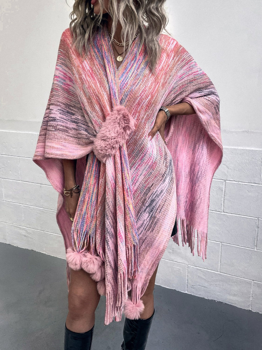 Heathered Fringe Hem Poncho - Carnation Pink / One Size