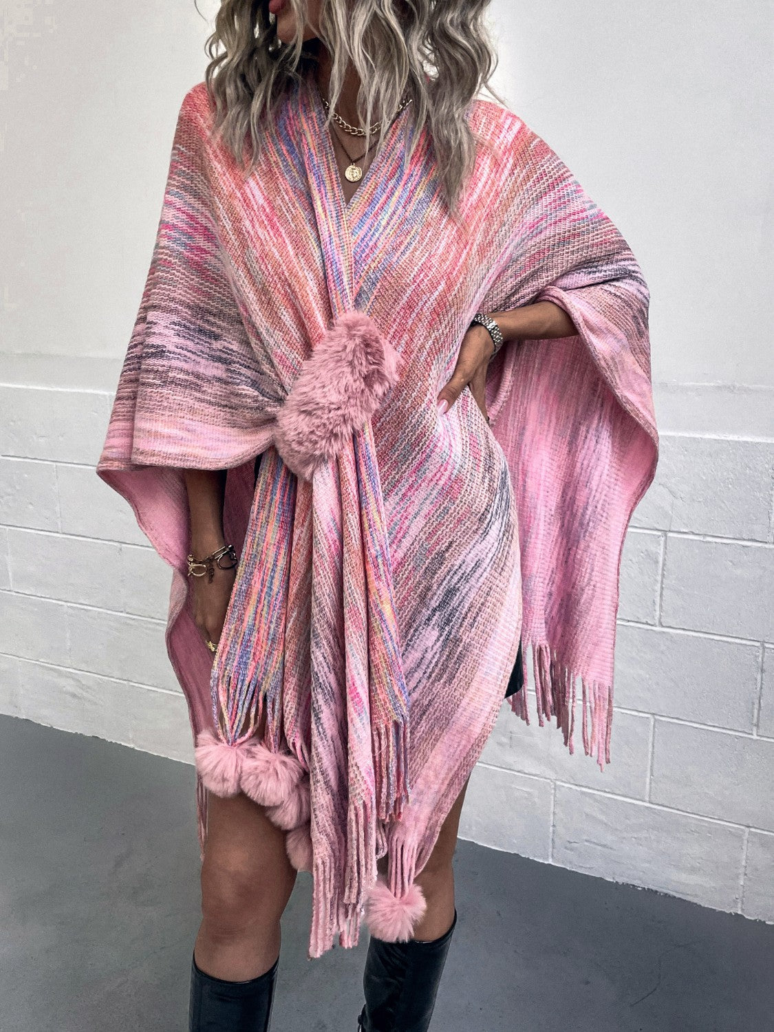 Heathered Fringe Hem Poncho - Carnation Pink / One Size