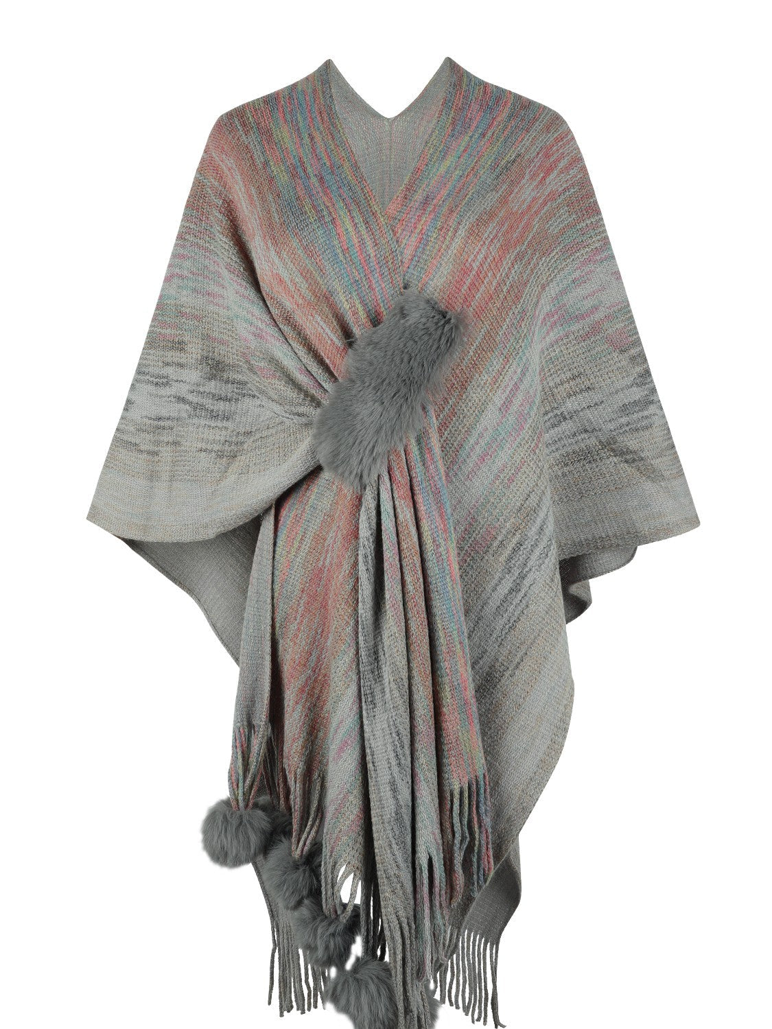 Heathered Fringe Hem Poncho - Charcoal / One Size