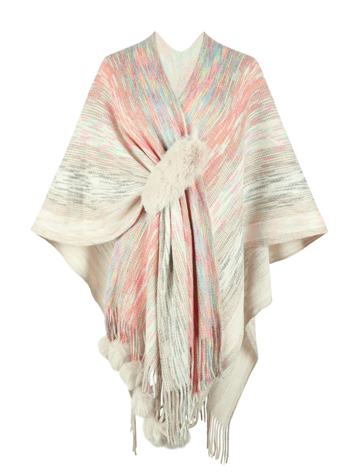 Heathered Fringe Hem Poncho - Ivory / One Size
