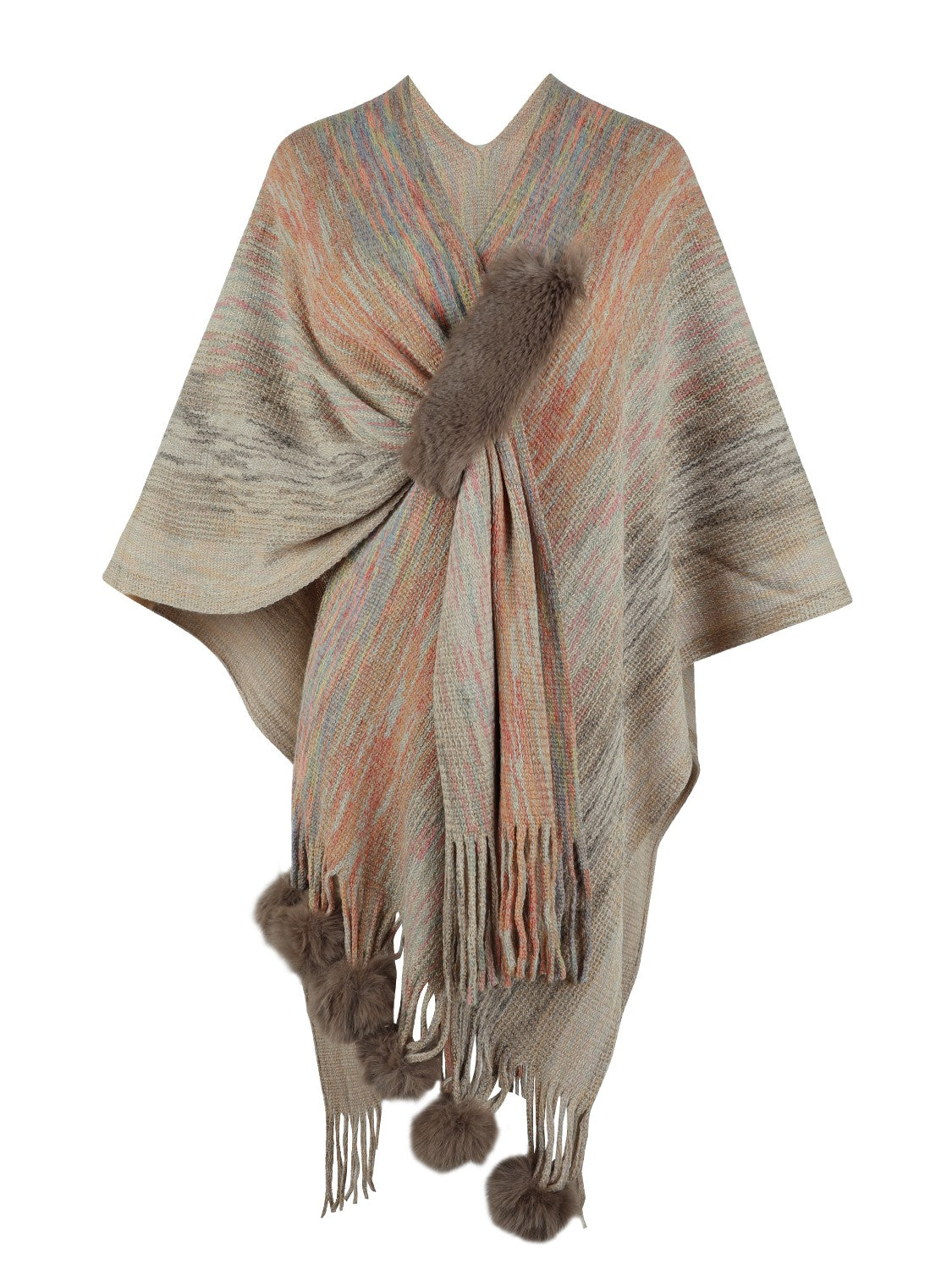 Heathered Fringe Hem Poncho - Khaki / One Size