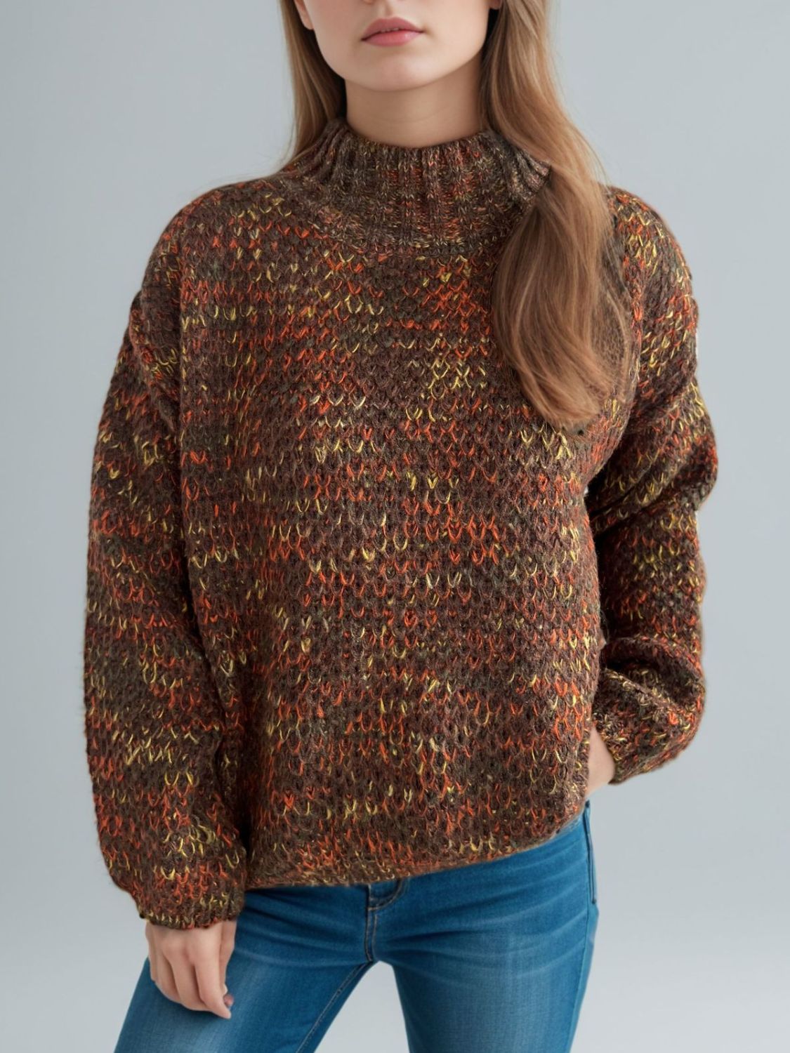Heathered Turtleneck Dropped Shoulder Sweater - Brown / One Size