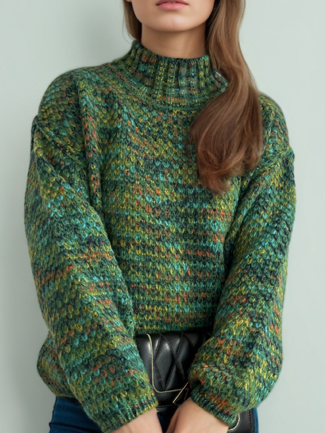 Heathered Turtleneck Dropped Shoulder Sweater - Dark Green / One Size