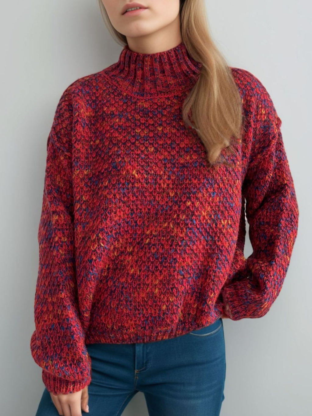 Heathered Turtleneck Dropped Shoulder Sweater - Deep Red / One Size