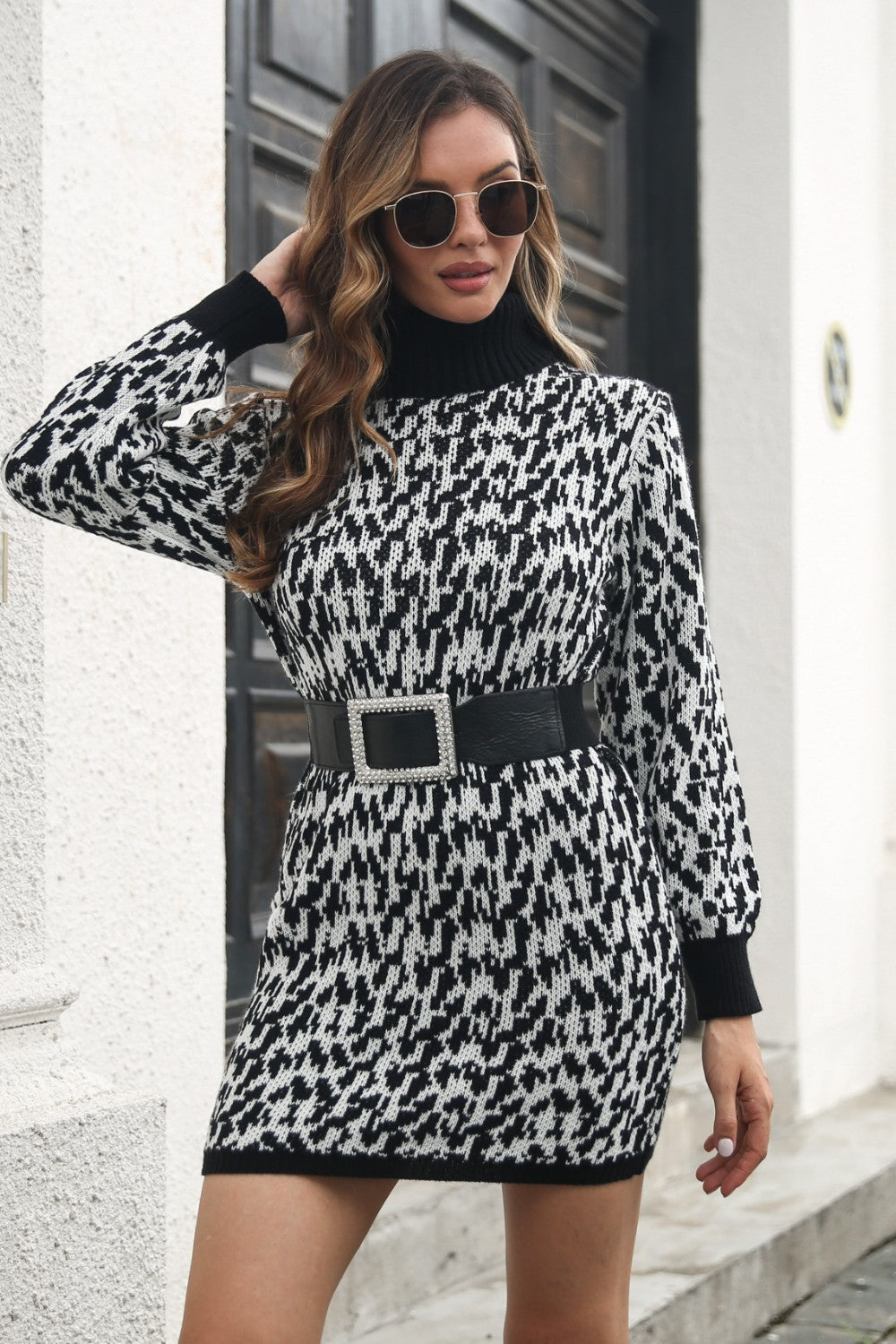 Heathered Turtleneck Mini Sweater Dress - Black / S