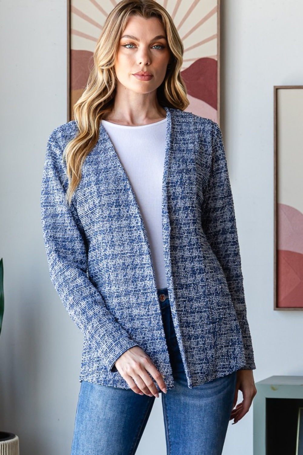 Heimish Full Size Houndstooth Tweed Open Front Blazer - Royal / S