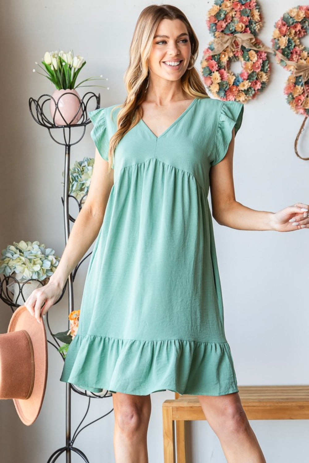Heimish Full Size Short Sleeve V Neck Ruffled Hem Dress - Dusty Sage / S