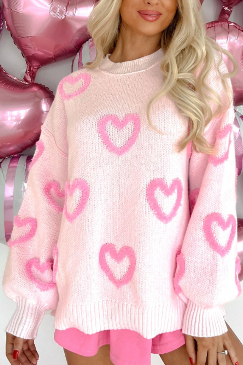High-Low Heart Round Neck Long Sleeve Sweater - Pink / S