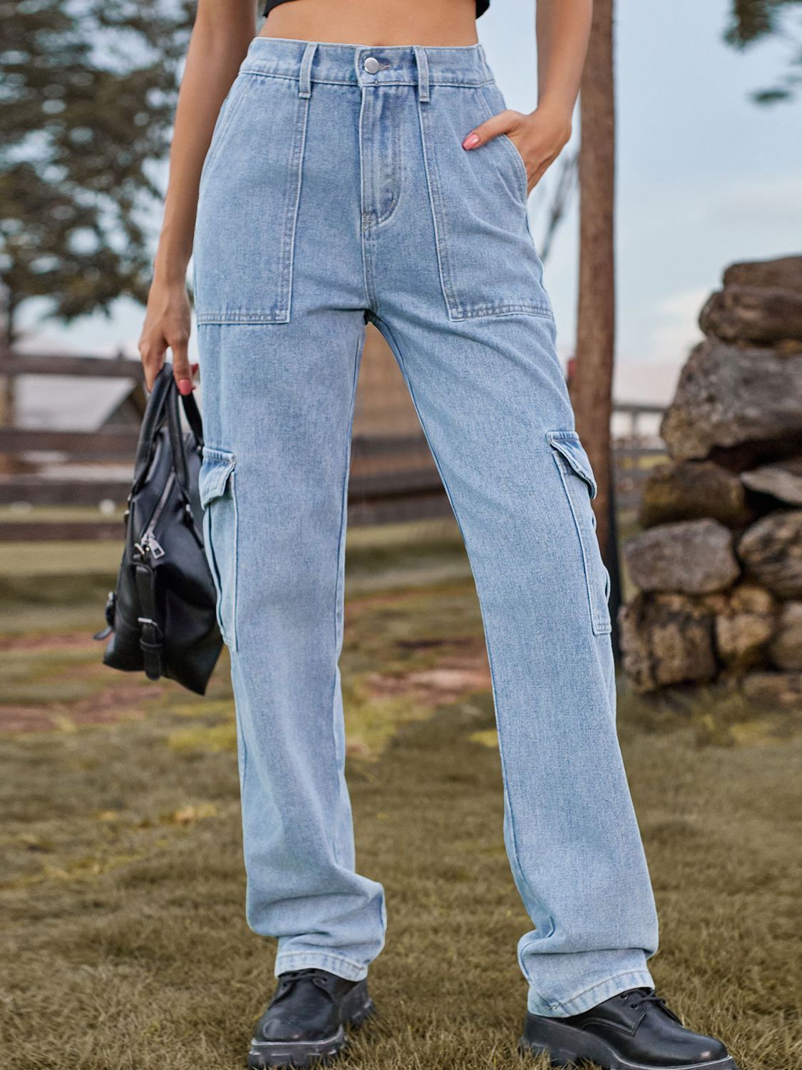 High Waist Cargo Jeans - Light / S
