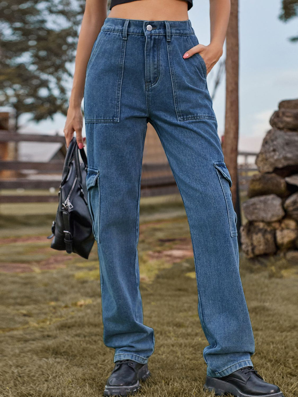 High Waist Cargo Jeans - Medium / S