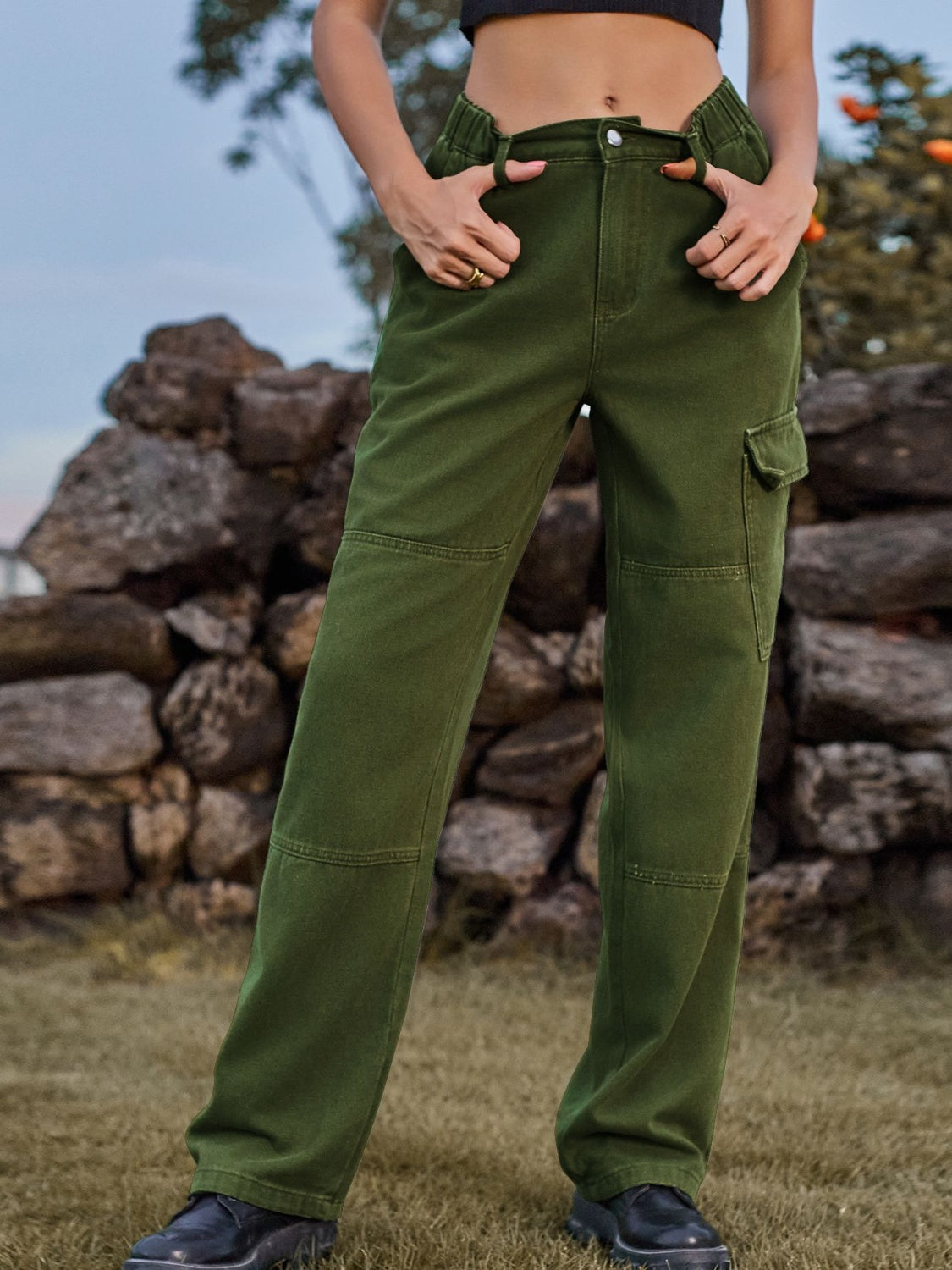 High Waist Cargo Straight Jeans - Dark Green / S
