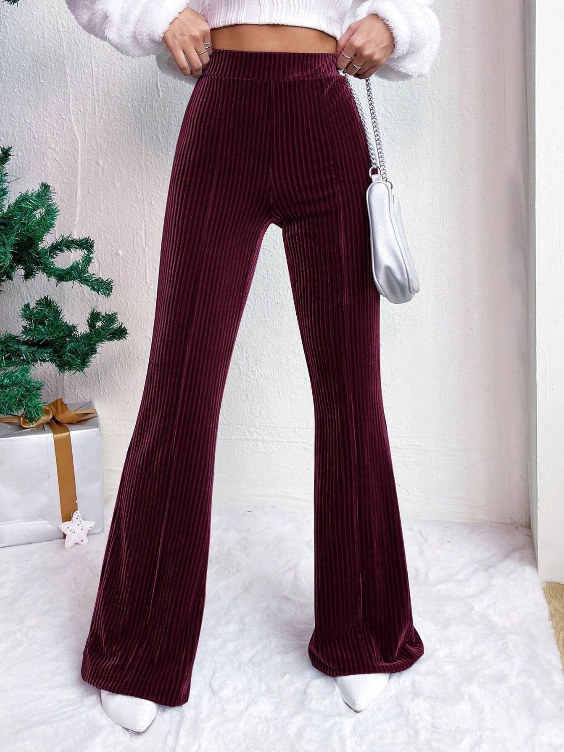 High Waist Flare Pants - Burgundy / S