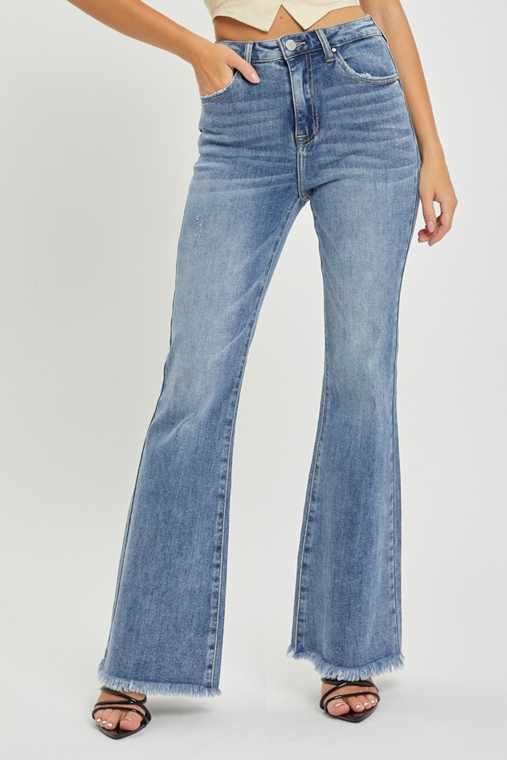 High Waist Raw Hem Flare Jeans - Medium / 0(24)