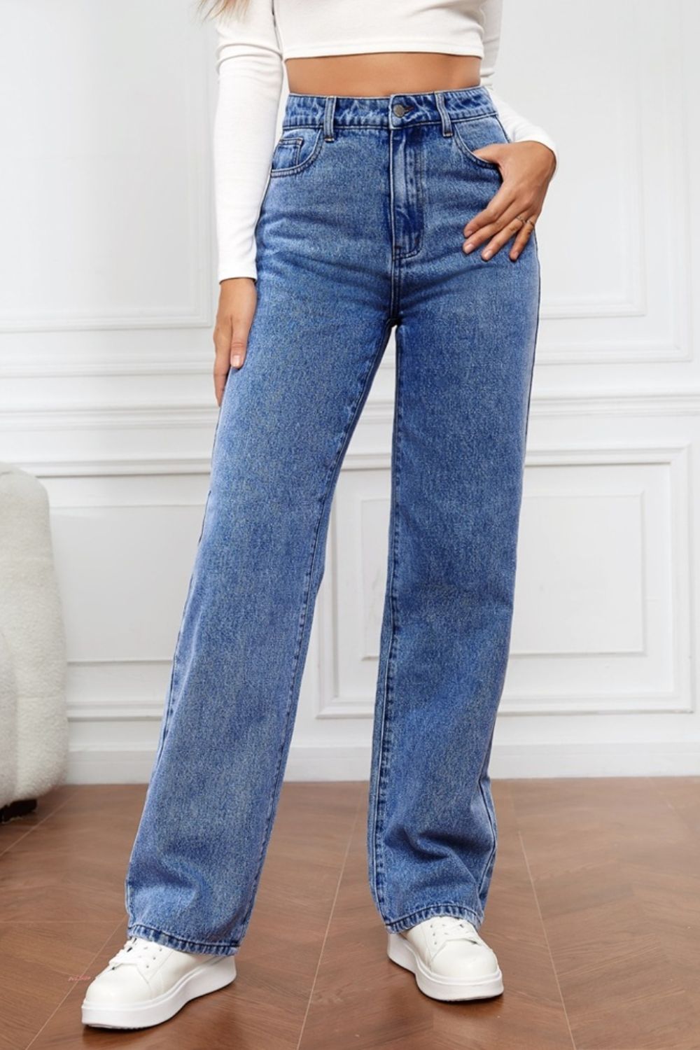 High Waist Straight Jeans - Dusty Blue / S