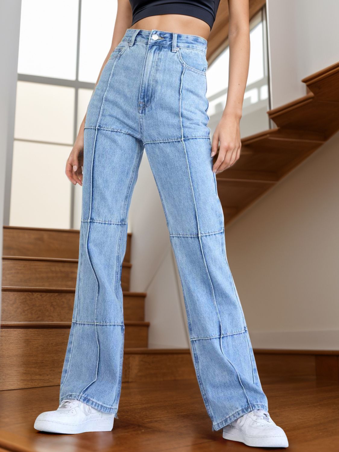 High Waist Straight Jeans with Pockets - Light / S