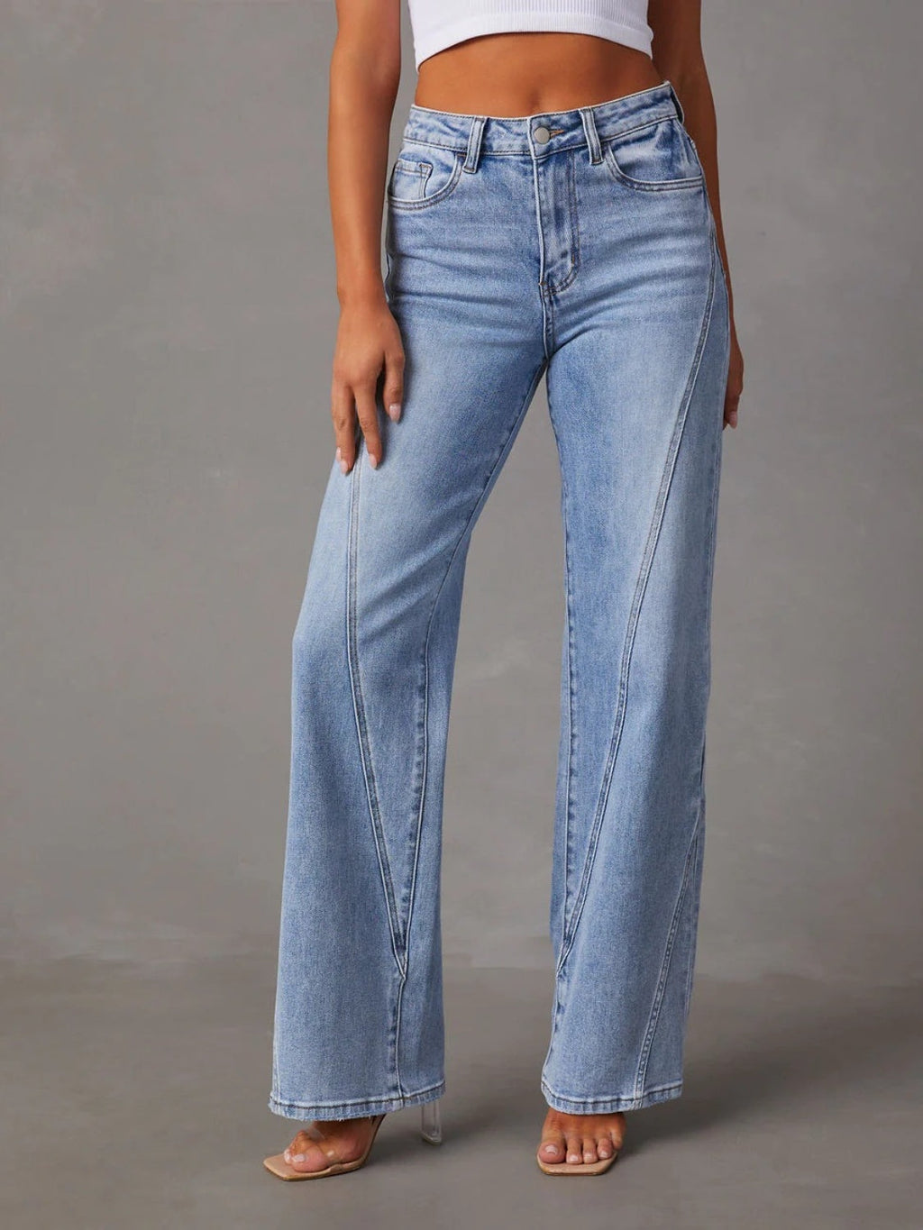 High Waist Straight Jeans with Pockets - Light / S