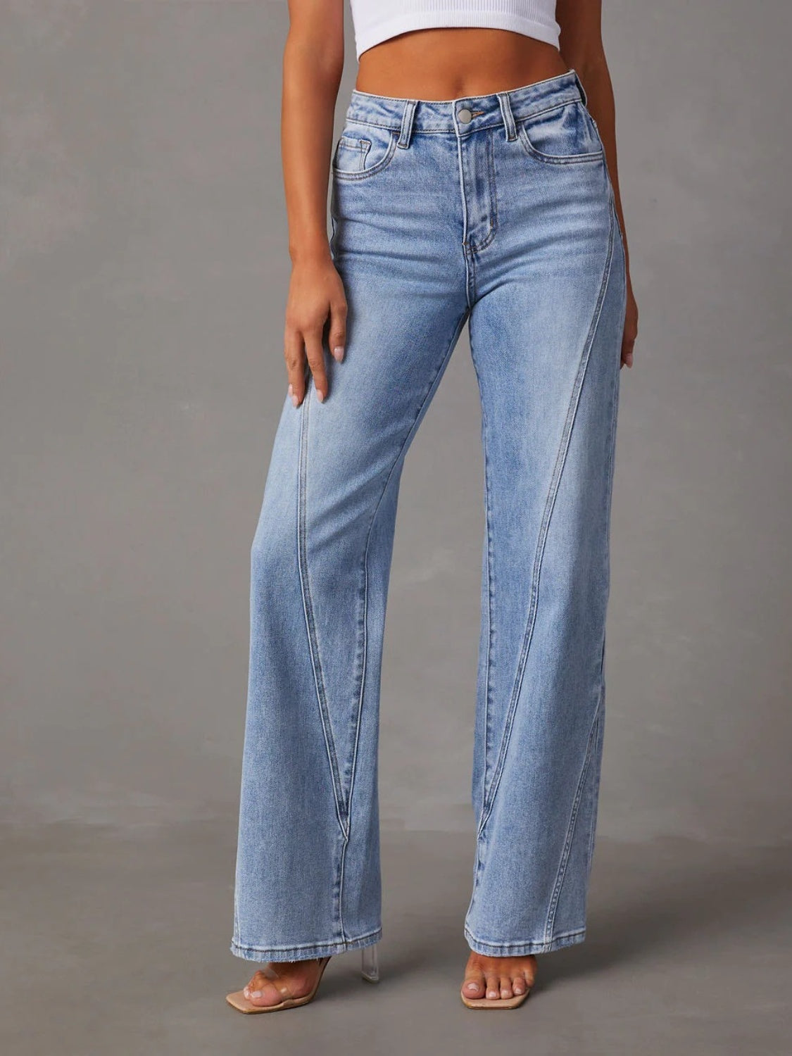 High Waist Straight Jeans with Pockets - Light / S