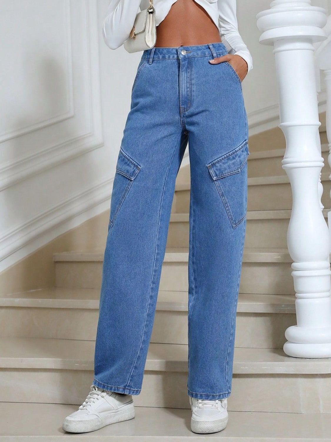 High Waist Straight Leg Jeans with Pockets - Medium / XS