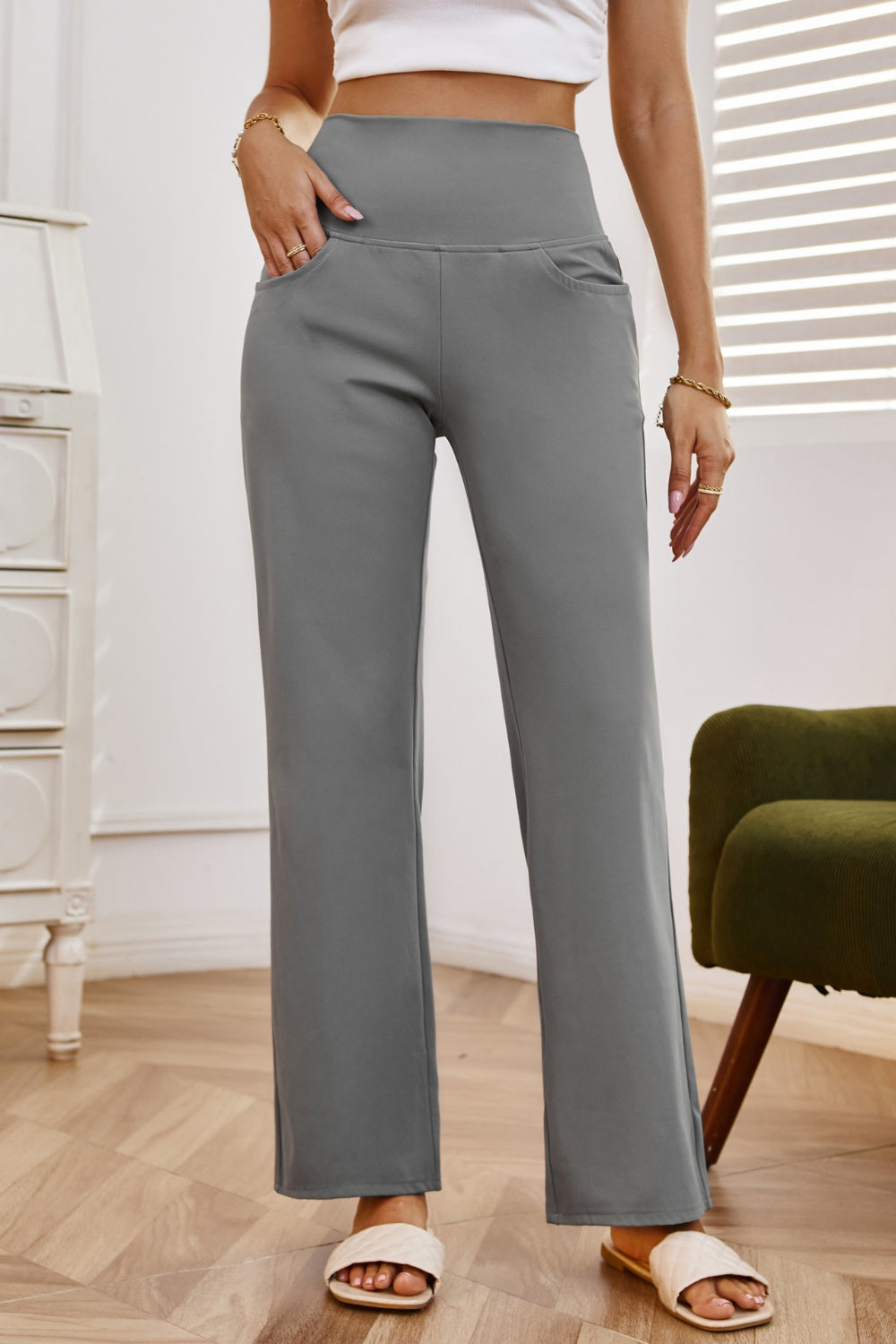 High Waist Wide Leg Pants with Pockets - Gray / XS