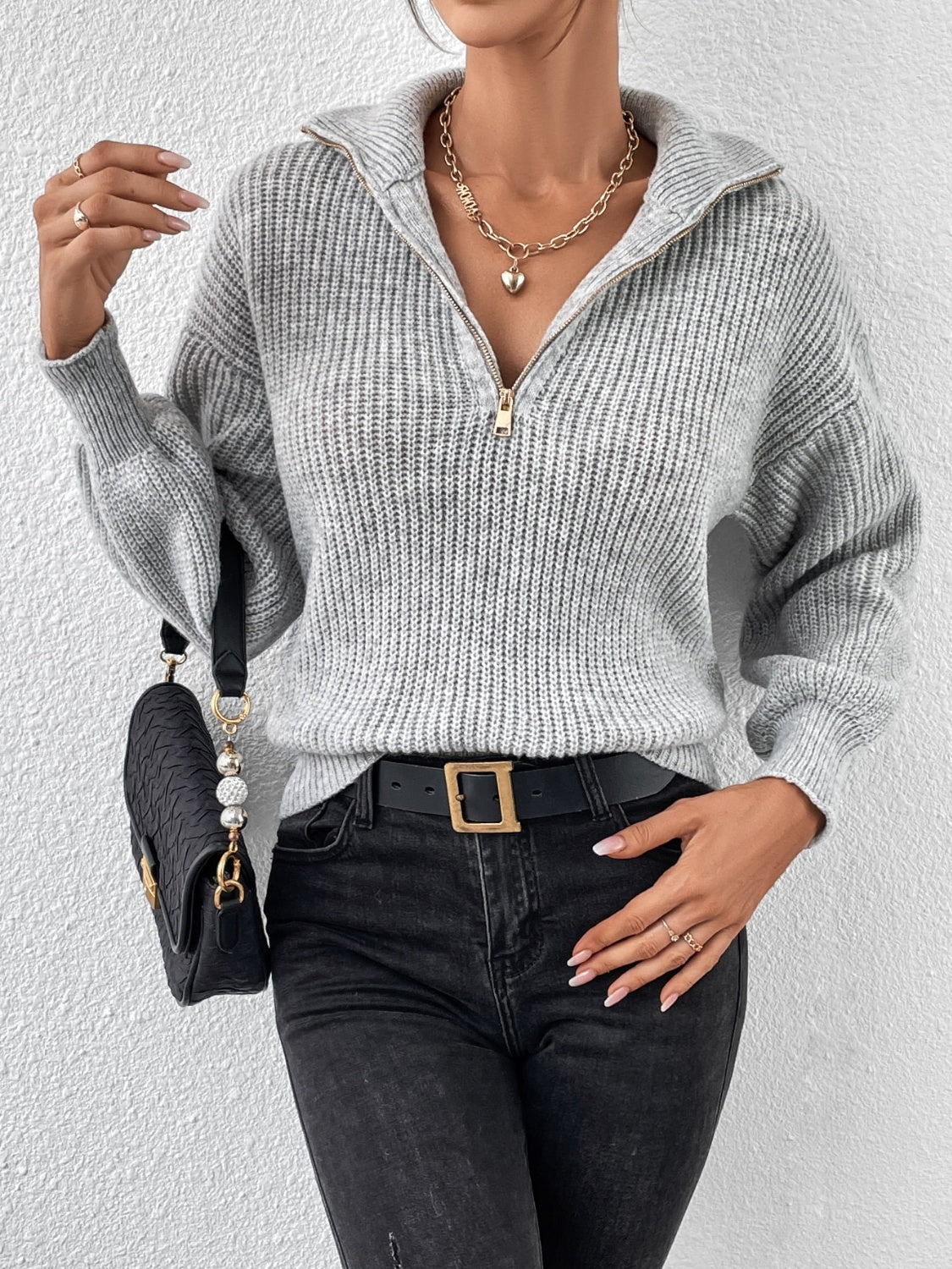 Honey Half Zip Dropped Shoulder Sweater - Gray / S