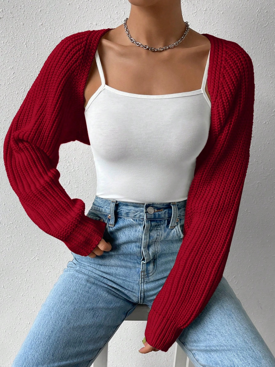 Honey Open Front Long Sleeve Cropped Cardigan - Burgundy / S