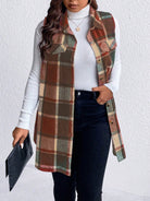 Honey Plus Size Pocketed Plaid Button Up Vest Coat - Brown / 1XL