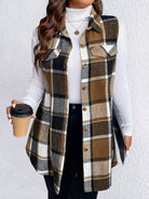 Honey Plus Size Pocketed Plaid Button Up Vest Coat - Camel / 1XL