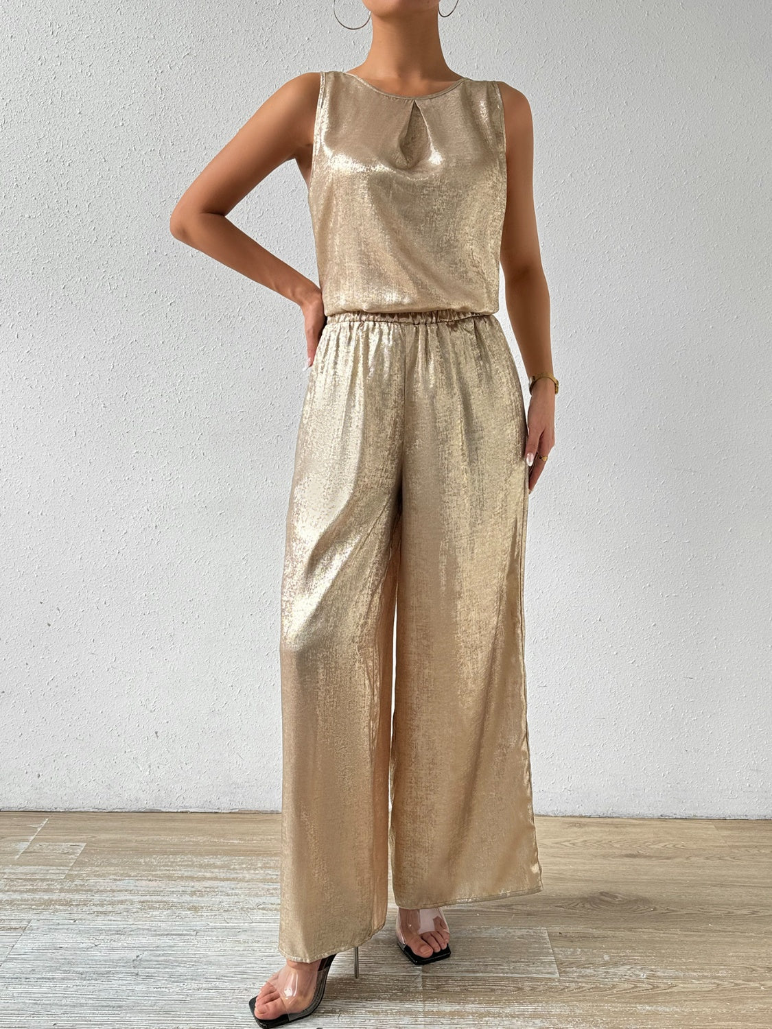 Honey Round Neck Sleeveless Top and Pants Set - Camel / S