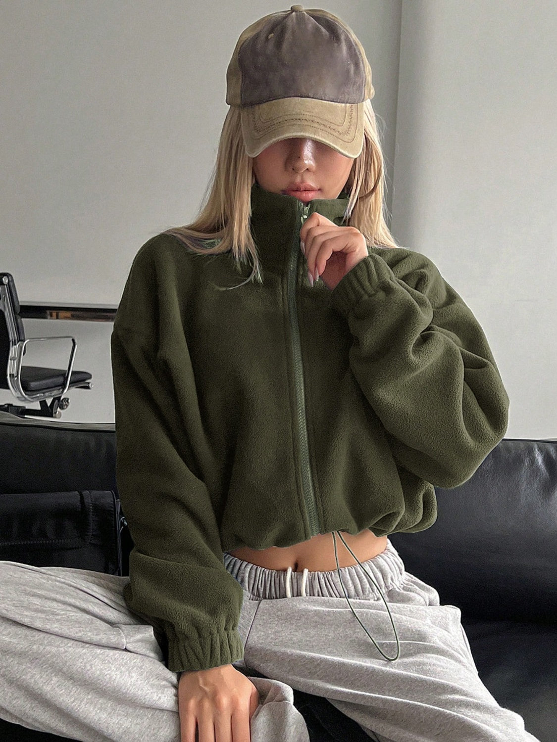 Honey Zip Up Long Sleeve Cropped Jacket - Army Green / S