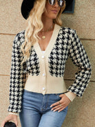 Houndstooth Button Up Long Sleeve Cardigan - Black / One Size