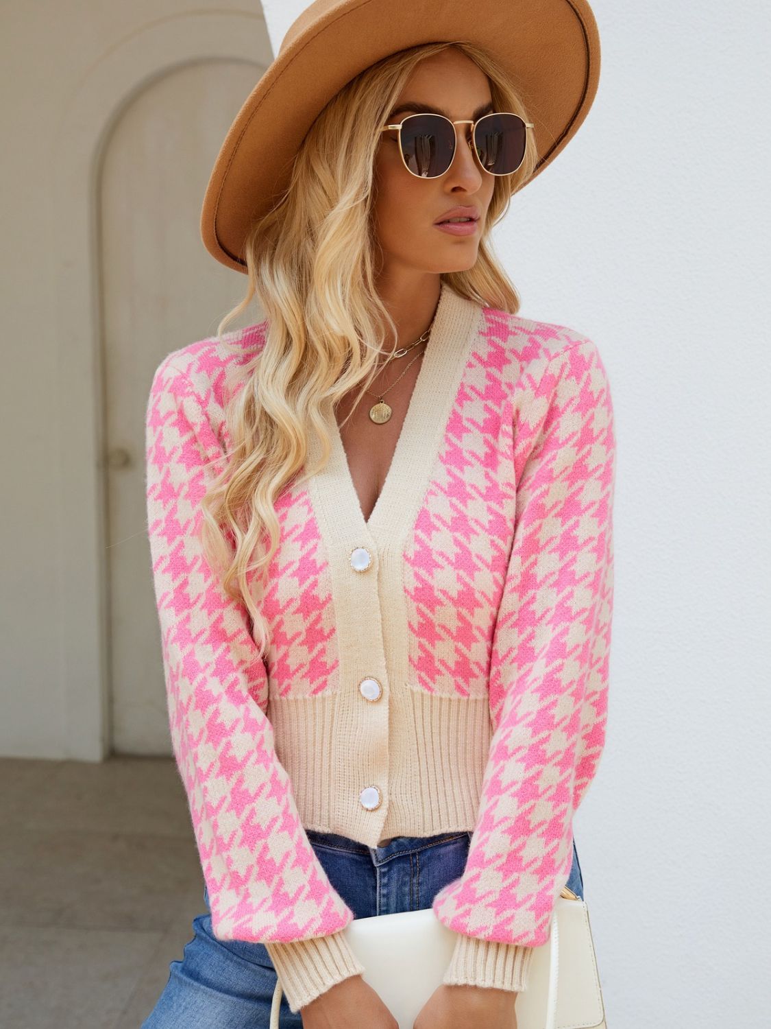 Houndstooth Button Up Long Sleeve Cardigan - Pink / One Size